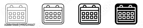 Versatile set of calendar icons in varying outline and filled styles, ideal for comprehensive scheduling, event planning, and time management applications.