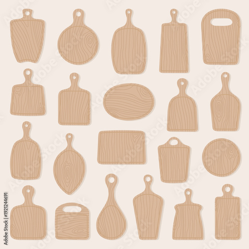 Flat vector set of light wooden cutting board in various shape on warm neutral background. Minimal Scandinavian kitchen utensil collection for cooking, menu design and food branding.