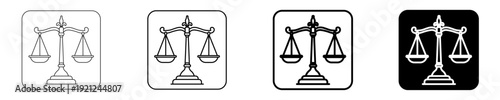 Set of black and white justice scales icons for legal concepts, equality, and law, featuring balanced weighing scales symbol in various styles on a clean background.