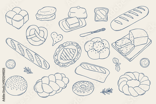 Whimsical hand drawn bread vector set featuring baguette, pretzel, braided bun, sliced loaf, toast with butter and bakery elements. Cozy artisan food illustration in minimal outline style with Mediter