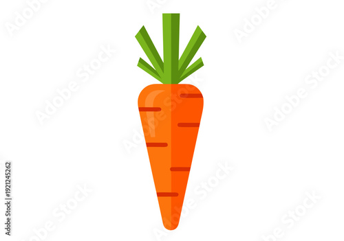 Simplified carrot vector illustration with green leaves and orange ridges on clean backdrop