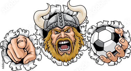 A Viking man holding Soccer Football ball and pointing sports team cartoon charcater mascot illustration.