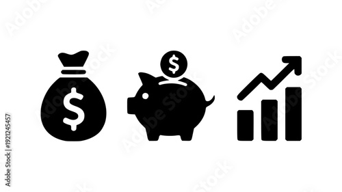 Financial Icons Silhouette Set Money Bag Piggy Bank Wallet and Growth Chart Transparent Background