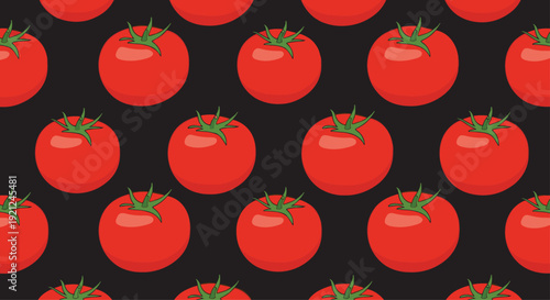 Vibrant seamless pattern of ripe red tomatoes with green stems neatly arranged in rows on a solid black background.