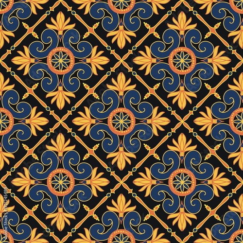Seamless decorative composition featuring stylized blooms and scroll elements in rich blue and warm amber tones. Ideal for garments, accessories, stationery, and eye-catching visual projects.