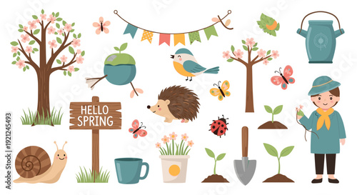 Hello spring clip art collection featuring a flowering tree bird hedgehog snail ladybug gardener and planting tools.
