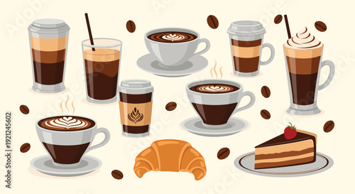 Large set of various coffee types including lattes espressos a croissant and a slice of chocolate cake on beige.