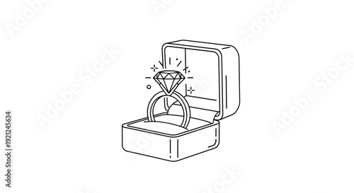 Minimalist line drawing illustration of a sparkling diamond engagement ring inside an open white jewelry box.
