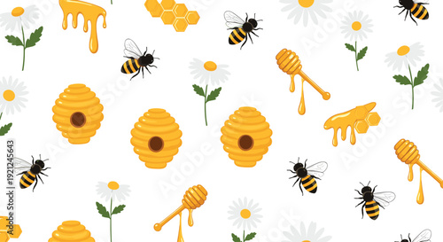 Repeating pattern of honey bees collecting nectar from white daisies with honey dippers and golden beehives.