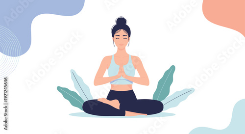 Calm woman practicing yoga in lotus pose meditating peacefully surrounded by green leaves and abstract shapes.