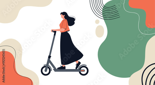 Modern woman in a long skirt riding a grey electric scooter through a minimalist abstract landscape with shapes.