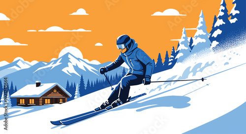Professional skier in a blue suit gliding down a snowy mountain slope past a cozy wooden cabin at sunset time.