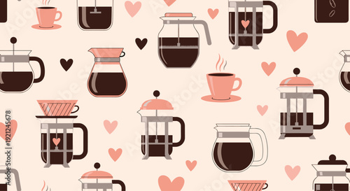 Coffee lover pattern featuring various brewing devices like a french press moka pot and cute pink heart symbols.