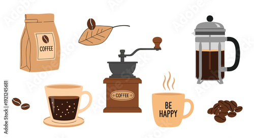 Assorted coffee items set with a french press manual grinder bag of coffee beans and two cups of hot beverage.