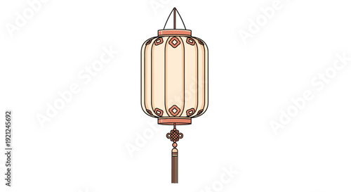 Traditional oriental paper lantern with intricate patterns and a long tassel hanging against a white background.