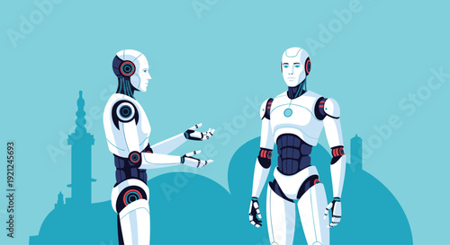 Two advanced white humanoid robots standing and communicating with each other against a blue cityscape background.