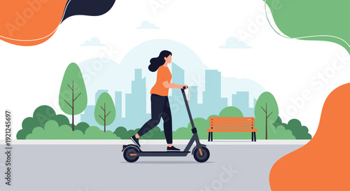 Young woman commuting on a black electric scooter through a city park with buildings and trees in the background.