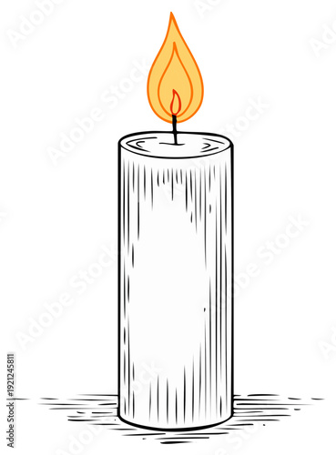 Simple burning candle illustration with glowing orange flame hand drawn sketch style