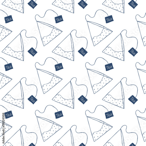 Seamless pattern with hand drawn tea bag and label in minimal monochrome style. Trendy vector background for packaging, cafe branding, textile and kitchen decor.
