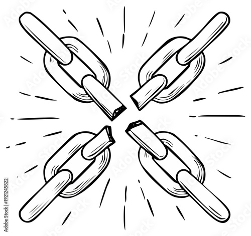 Illustration of broken metal chain links symbolizing freedom or detachment, breakup or vulnerability, black and white sketch drawing
