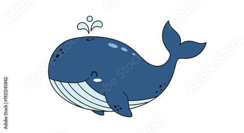 Charming blue cartoon whale swimming happily while blowing a small water spout from its blowhole on a white background.