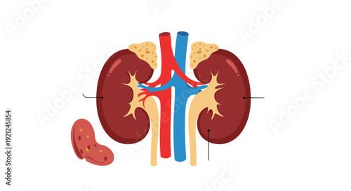 Detailed anatomical illustration of the human kidneys showing the adrenal glands, ureters, and major blood vessels on white.