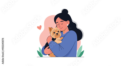 Loving woman with long dark hair tenderly hugging her small brown dog with a pink heart and green leaves in the background.