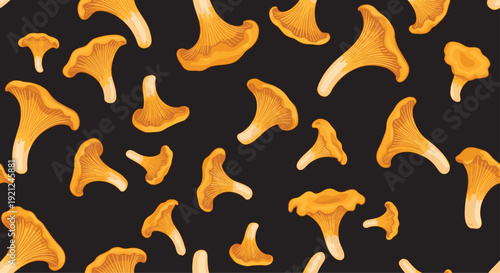 Natural seamless pattern featuring numerous golden chanterelle mushrooms scattered across a solid dark black background.