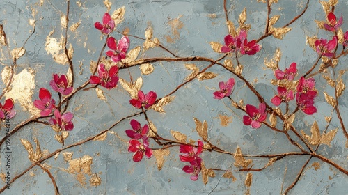 Textured floral artwork with pink blossoms and gold