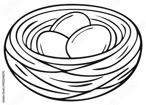Outline illustration of a bird's nest with three eggs inside