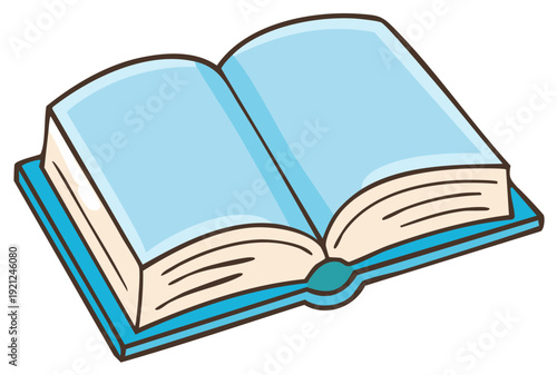 Open blue hardcover book with blank pages simple cartoon vector illustration