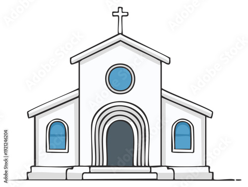 Cartoon illustration of a white church with cross on top, and blue window details