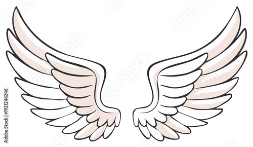 Stylized Hand Drawn White Angel Wings with Delicate Feathers and Outline