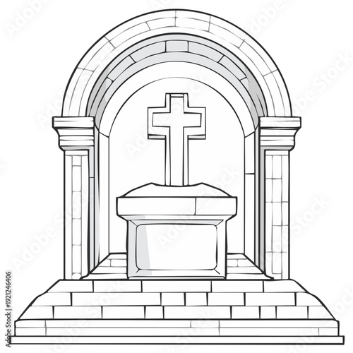 Stone altar with cross icon inside an arched niche illustration