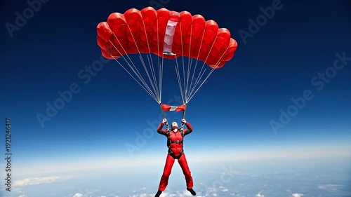 Excited Woman Skydiving with Red Suit and Parachute High Above Clouds.