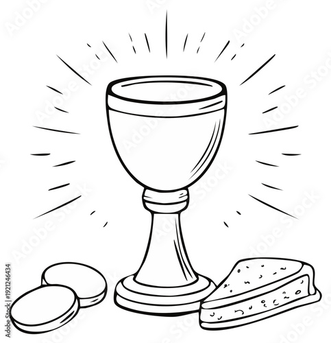 Illustration of religious symbols for communion: chalice, bread, and wafers