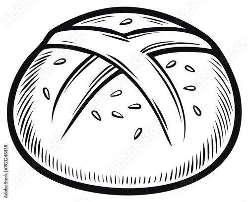 Ink drawing of a crusty bread roll with cross-cut markings and sesame seeds.