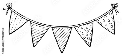 Drawn illustration of festive pennant banner with various patterns