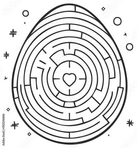 Egg shaped maze with a heart at the center, puzzle, symbol of love and challenge.
