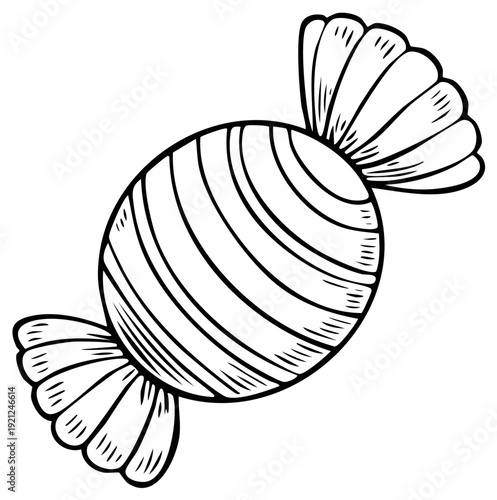 Hand-drawn single candy with striped wrapper and ruffled ends