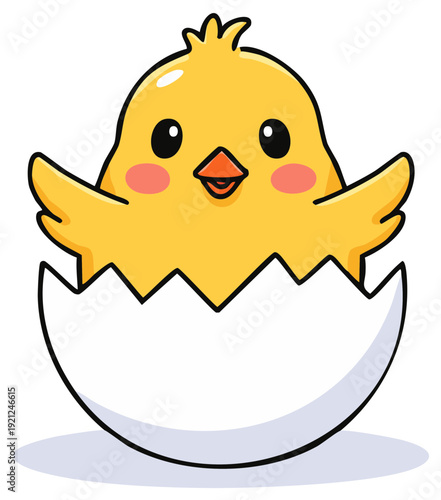 Adorable cartoon baby chick hatching from a broken white eggshell