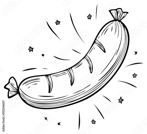 Cartoon Sausage with Sparkling Stars, Appetizing Food Illustration, Delicious Bratwurst Vector