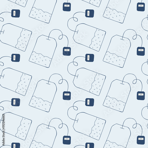 Seamless pattern with hand drawn tea bag on soft blue background. Modern minimal vector texture for cafe branding, packaging, textile and kitchen design.