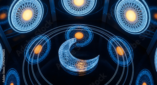 Futuristic digital crescent moon illuminated by intricate glowing technological patterns in a dark, abstract sci-fi environment, symbolizing innovation and cosmic connection