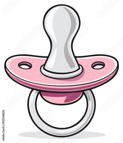 Cartoon baby pacifier illustration with pink disc, white teat, and looped handle for comforting infants