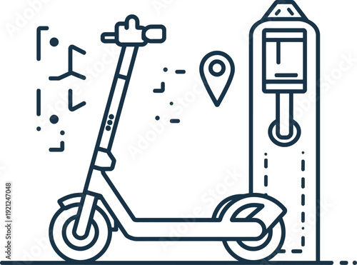 Vector illustration of electric scooter charging station with location marker