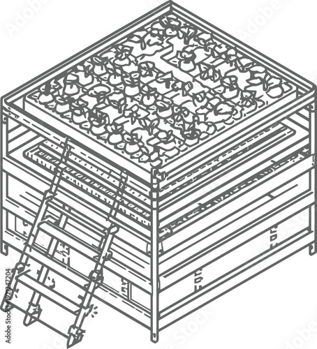 Vector illustration of a multi-layered industrial rack with metal shelves and a ladder, isolated on transparent background