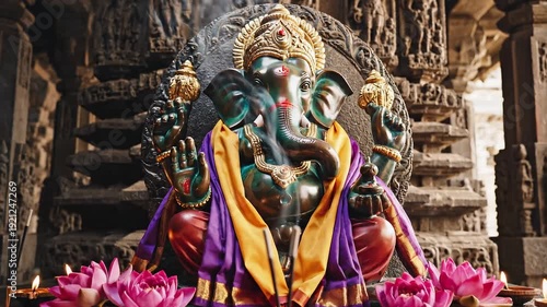 Ganesha Idol Adorned with Flowers and Lamps in Ancient Temple.