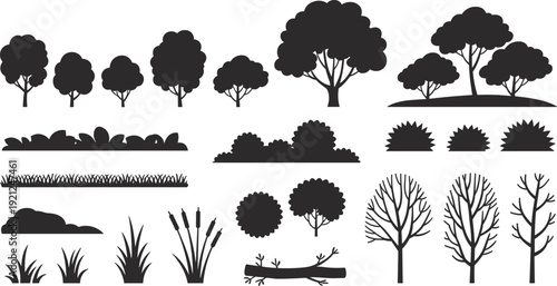 Tree and bush silhouette collection, forest landscape elements grass shrubs branches isolated for nature design flat vector illustration