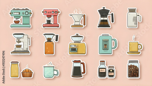 Coffee Brewing Tools and Cafe Objects Sticker Pack, Modern Flat Illustration